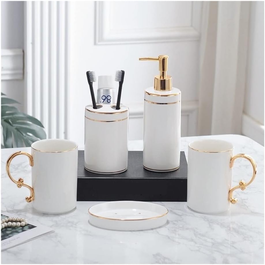 Vanity Bathroom Decor, Ceramic Bathroom Accessories Set Lotion Soap Dispenser Toothbrush Holder Cup Soap Dish Housewarming Gift(5pcs)