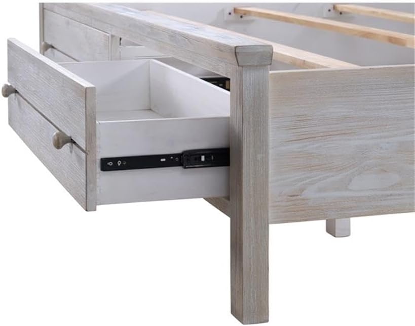 Pemberly Row Solid Wood King Storage Bed, Distressed Grey White Finish, Durable Spruce Construction, Transitional Style Frame with Storage Footboard, Complete Bedroom Set for Timeless Home Decor