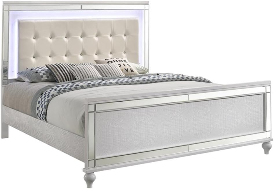Pemberly Row Modern Solid Wood Queen Lighted Bed, White Finish, Hardwood Solids and Veneers, Embossed Inlay, Lighted Headboard, Durable and Functional Design for Bedroom Use