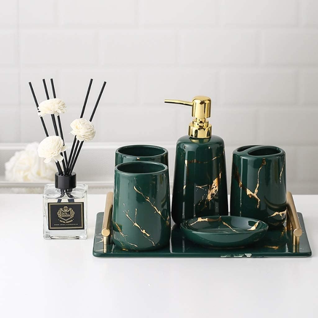 Vanity Bathroom Decor, 6-Piece Ceramics Bathroom Accessories Set Soap Dispenser/Toothbrush Holder/Mouthwash Cup/Soap Box Marble Texture Set Housewarming Gift(Green)