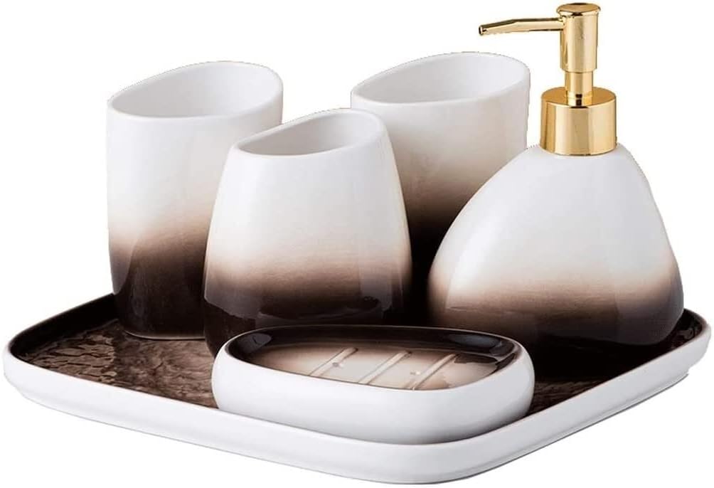 Vanity Bathroom Decor, Bathroom Accessory Set Ceramic Bathroom Accessories Set 450ml/15.2oz Soap Dispenser Gradient Brown Bathroom Set Housewarming Gift(6 Piece Set)