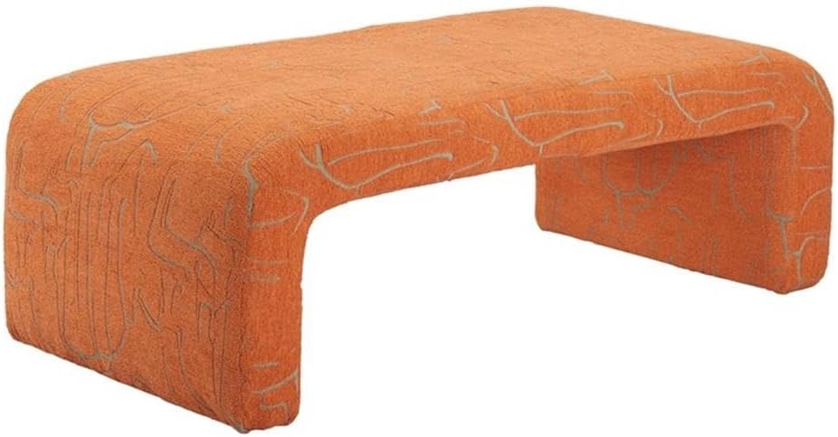 Pemberly Row Modern Solid Wood Vanity Bench, Abstract Orange Polyester Fabric, Rubberwood Frame, Durable Construction, Contemporary Design, Ideal for Living Room, Bedroom, or Entryway