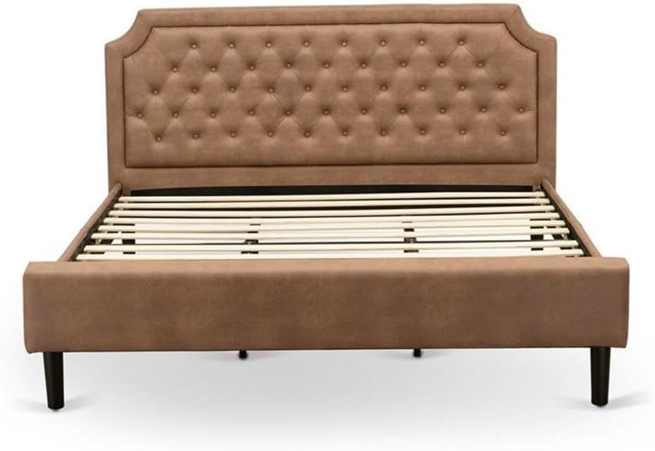 East West Furniture GB28K-1GA08 2-Piece Platform King Size Bedroom Set with Button Tufted King Frame and 1 Antique Walnut Night Stand - Brown faux Leather with Brown Texture and Black Legs