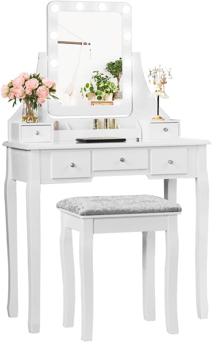 COSTWAY Vanity Desk Set with Lighted Mirror, 360° Swivel Vanity Mirror Desk with 10 LED Bulbs, Makeup Dressing Table with 5 Drawers, Vanity Table with Cushioned Stool for Bedroom, Women, Girls (White)