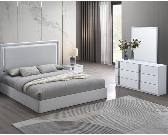 4-Piece Eastern King Size Modern Bedroom Set, Gray/White Wood Frame wih Mirror Trim, High Gloss Finish