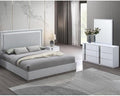 4-Piece Eastern King Size Modern Bedroom Set, Gray/White Wood Frame wih Mirror Trim, High Gloss Finish