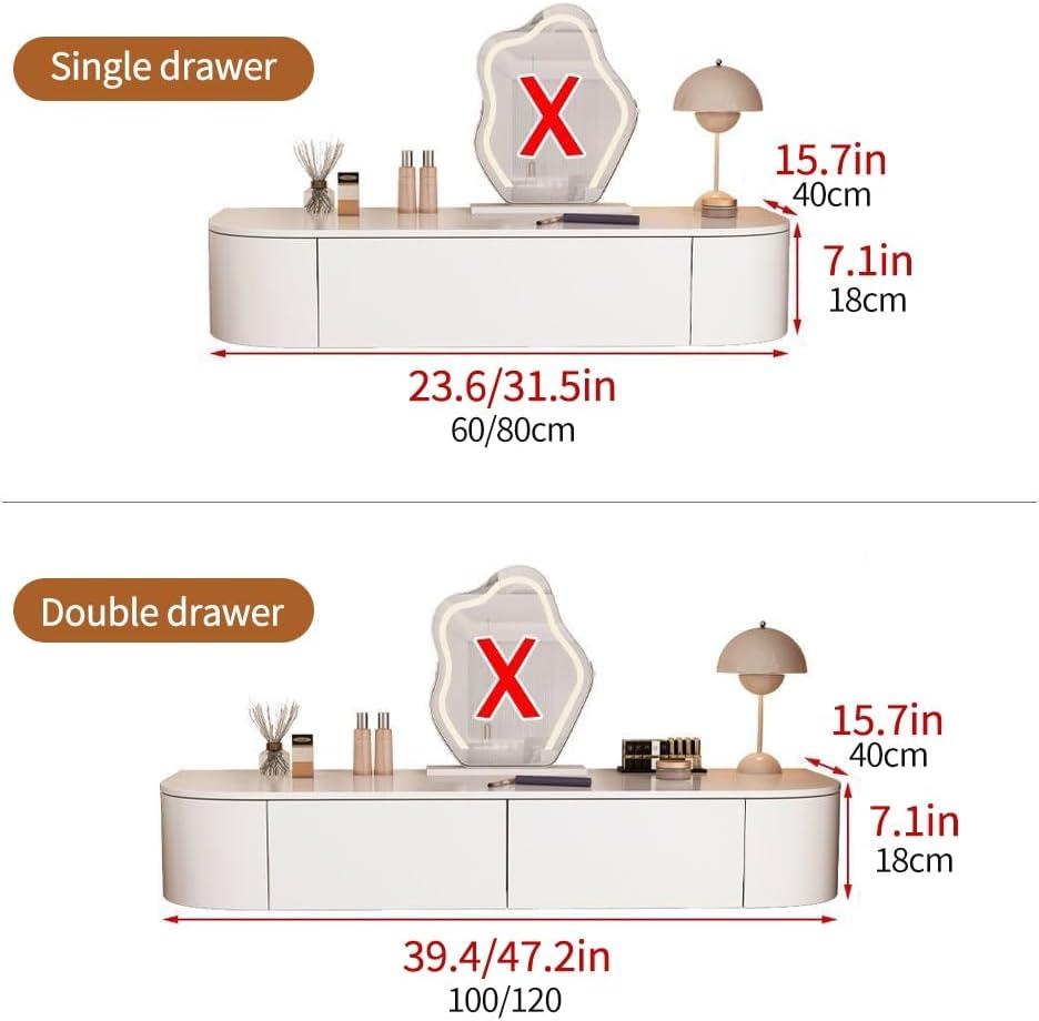 Wall Mounted Makeup Vanity with Drawers, Floating Vanity Makeup Table, Space-Saving Floating Desk, Corner Vanity Desk, Floating Dressing Table(39.4in/100cm)