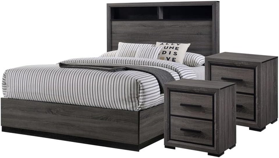 Furniture of America FOA Drummond 3-Piece Gray Wood Panel Bedroom Set - King + 2 Nightstands