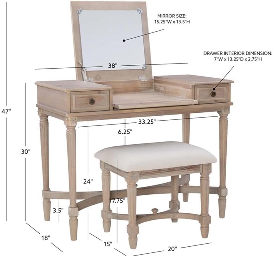 Linon Cyndi Wood Vanity & Padded Stool Set Flip Up Mirror 2 Drawers in Gray Wash