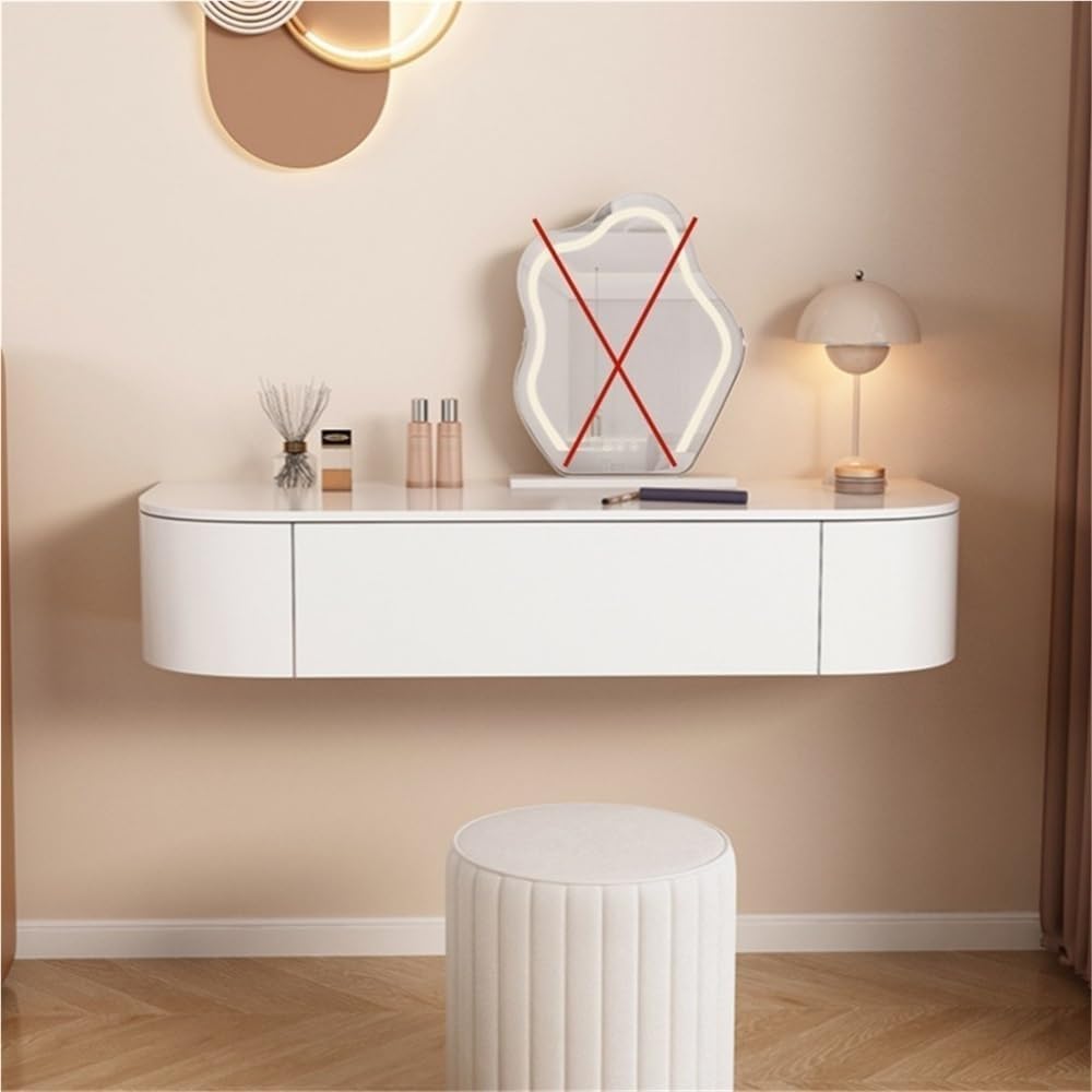 Corner Floating Desk with Drawers Modern White Wall-Mounted Vanity Makeup Table for Room & Bathroom Long-Lasting(Middle)