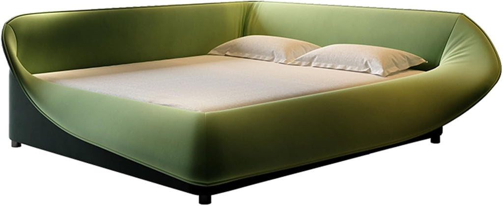 Elegant King Size Genuine Leather Bed Set Thick Padded Headboard Wooden Slats and Metal Frame Support, No Box Spring Needed Noise Free