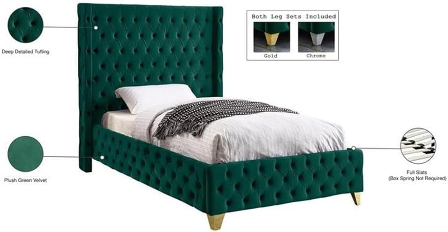 Meridian Furniture SavanGreen-T Savan Collection Modern | Contemporary Velvet Upholstered Bed with Deep Button Tufting in Gold or Chrome Finish, 50' W x 81' D x 56' H, Green, Twin