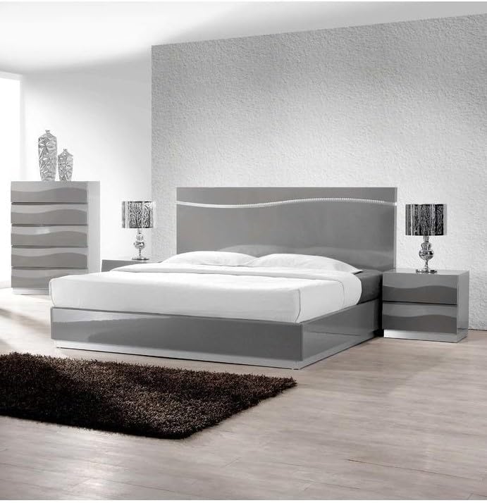 3-Piece Modern Bedroom Set, Eastern King Platform Bed with 2 Nightstand, LED Lighting, High Gloss Lacquer Finish, Gray