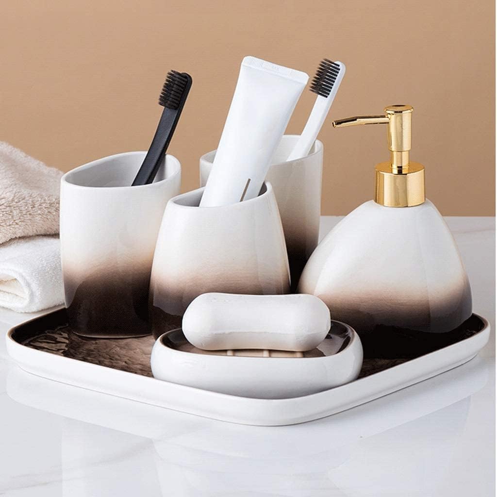 Vanity Bathroom Decor, Bathroom Accessory Set Ceramic Bathroom Accessories Set 450ml/15.2oz Soap Dispenser Gradient Brown Bathroom Set Housewarming Gift(6 Piece Set)