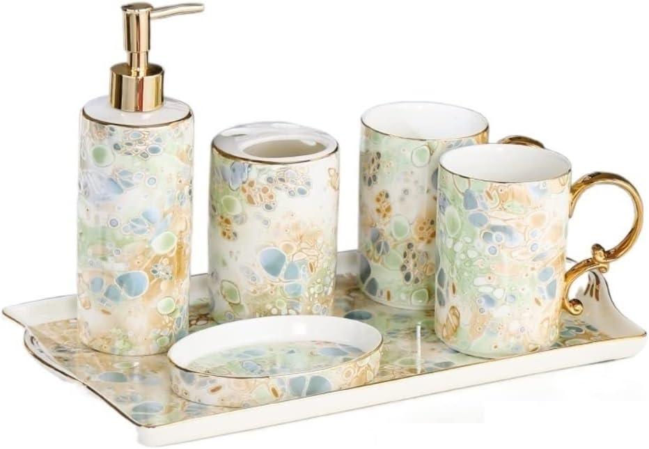 Vanity Bathroom Decor, 6 Piece Bathroom Accessory Set, Includes Soap Dispenser Pump Toothbrush Holder Soap Dish Tray for Home Housewarming Gift(F)