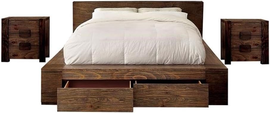 Furniture of America FOA Elbert I 3pc Natural Tone Solid Wood Bedroom Set - King + 2 Nightstands