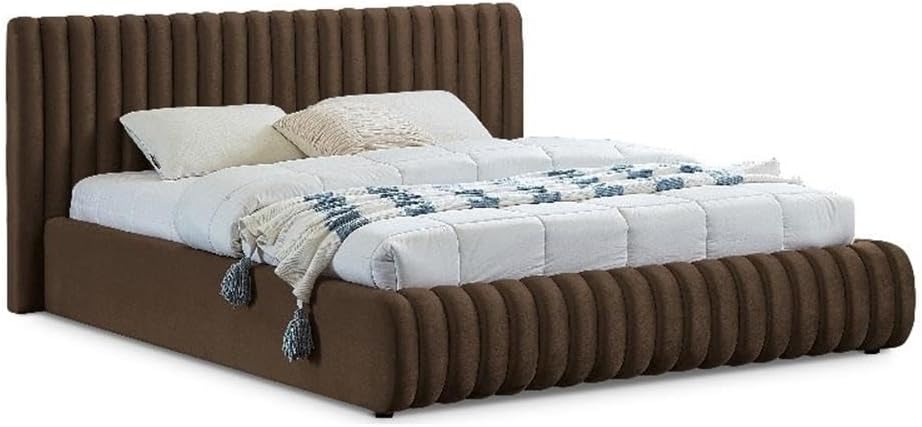 Pemberly Row Contemporary Queen Bed, 74' W x 91' D x 38' H, Rich Brown Velvet Upholstery, Deep Channel Tufting, Padded Headboard, Modern Style Bedroom Furniture, Elegant Design