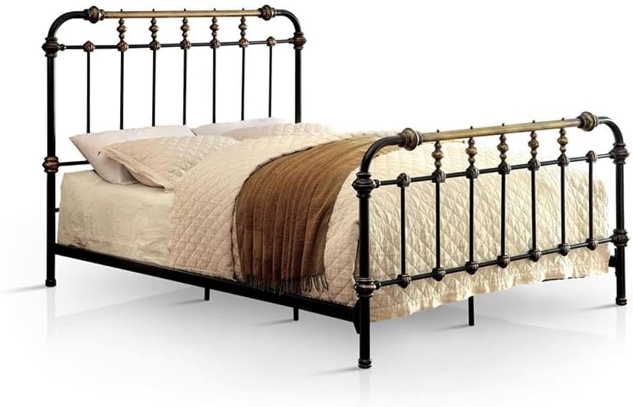 BOWERY HILL Farmhouse Metal Full Spindle Bed, Antique Black Finish, Powder-Coated Steel Construction, 54.75 in Headboard, Gold Accents, Sturdy Bedroom Frame, Requires Box Spring