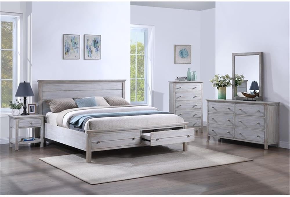 Pemberly Row Solid Wood King Storage Bed, Distressed Grey White Finish, Durable Spruce Construction, Transitional Style Frame with Storage Footboard, Complete Bedroom Set for Timeless Home Decor