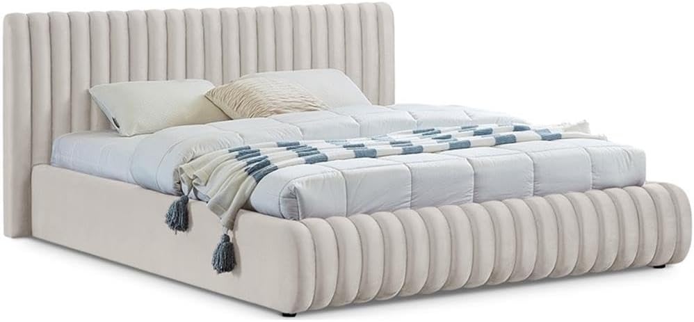 Pemberly Row King Bed, Cream Velvet Upholstery, Deep Channel Tufted Headboard and Footboard, Contemporary Transitional Design, Sturdy Construction, 89' W x 91' D x 38' H for Bedroom Decor