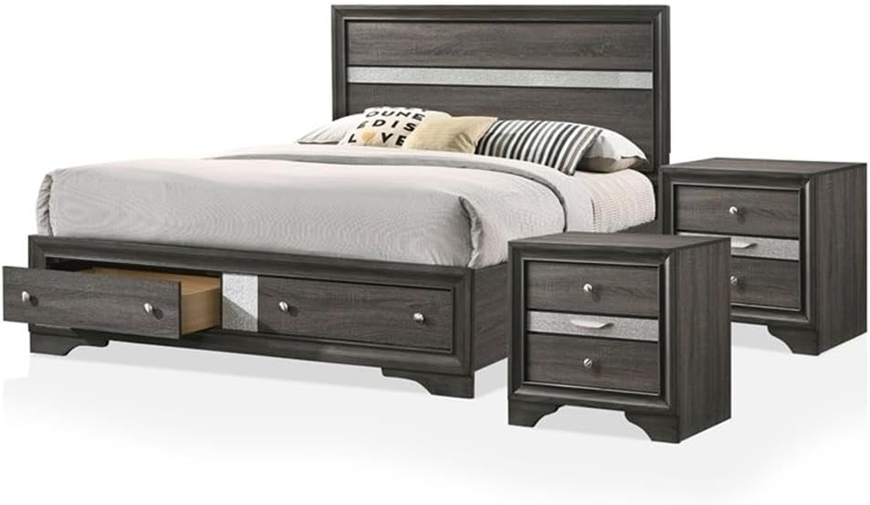 Furniture of America FOA Laren Contemporary 3-Piece Gray Wood Bedroom Set - King + 2 Nightstands