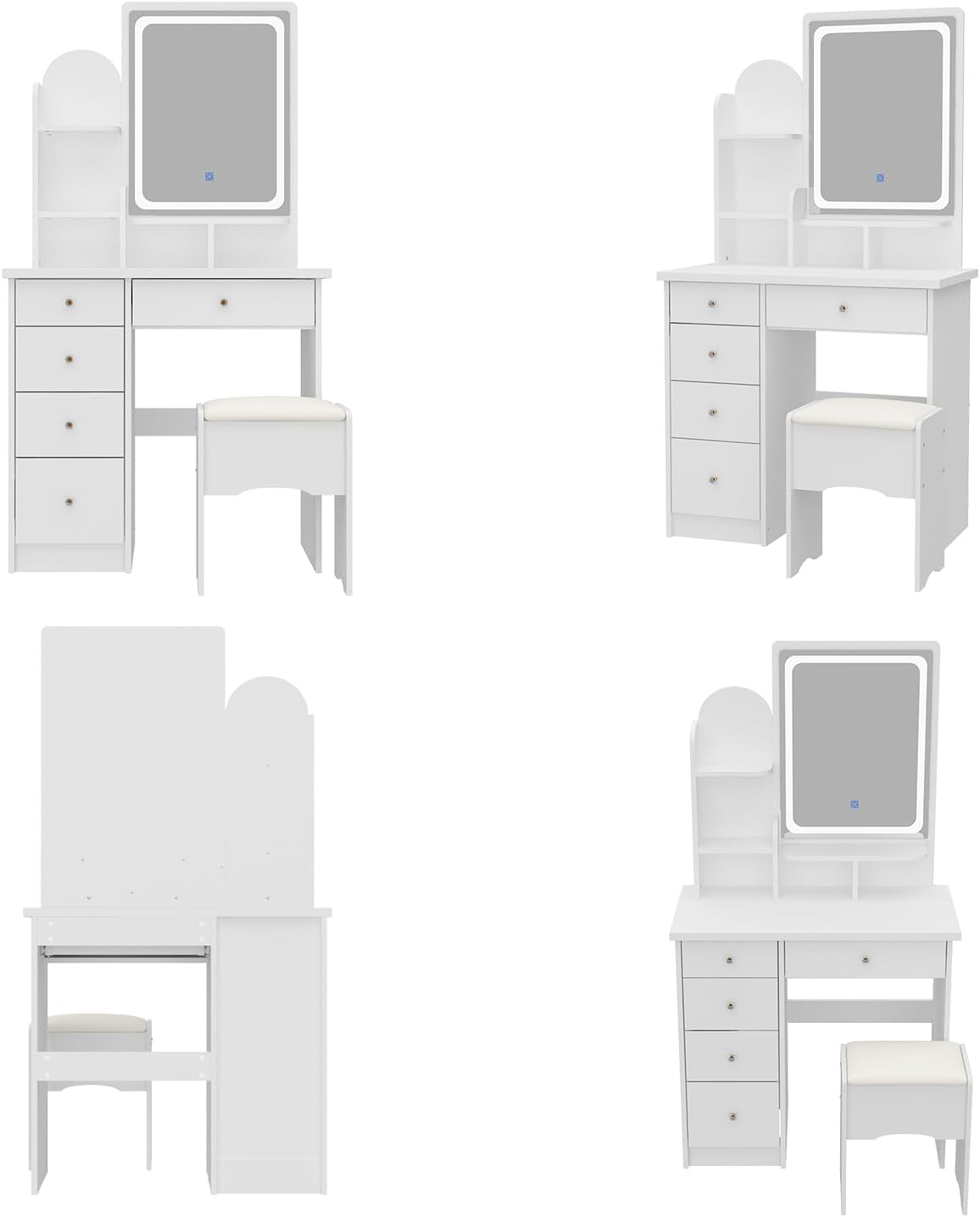 Vanity with Chair, Dressing Table with Lighted Rectangular Mirror, 5 Drawers and Shelves, Makeup Vanity Set with Storage for Bedroom, Crystal Knobs, White, 15.7' D x 31.5' W x 55.1' H