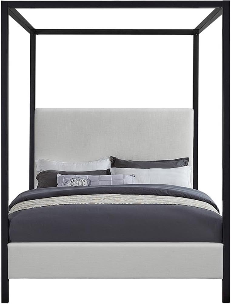 Meridian Furniture JamesBeige-F James Collection Modern | Contemporary Full Bed with Cream Linen Textured Fabric, Matte Black Steel Canopy, Full Slats, 59' W x 80' D x 86' H, Cream, Full