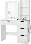 Modern Vanity Makeup Desk with Vanity Mirror, Built-in Lights, 4 Drawers, Crystal Ball Knobs, Power Outlet, White Makeup Desk for Bedroom