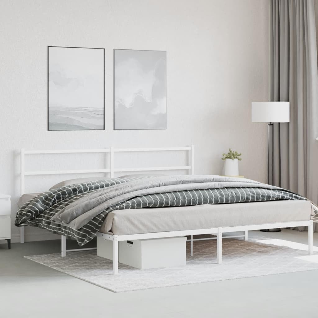 King Metal Bed Frame with Headboard White 76'x79.9' Sturdy Steel Platform Bedframe with Underbed Storage Space for Bedroom Furniture