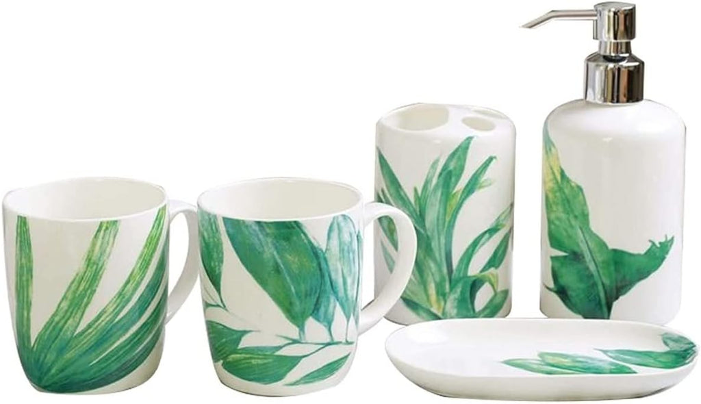 Vanity Bathroom Decor, White Bathroom Accessories Set Ceramic 5 Pieces Bathroom Ensemble for Bath Decor Tropical Plant Pattern Housewarming Gift(5-Piece Set)