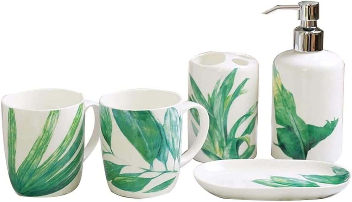 Vanity Bathroom Decor, White Bathroom Accessories Set Ceramic 5 Pieces Bathroom Ensemble for Bath Decor Tropical Plant Pattern Housewarming Gift(5-Piece Set)