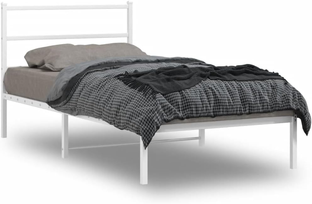 Twin White Steel Bed Frame with Headboard - Breathable Design Sturdy Metal Frame for Bedroom Guest Room Compact Spaces