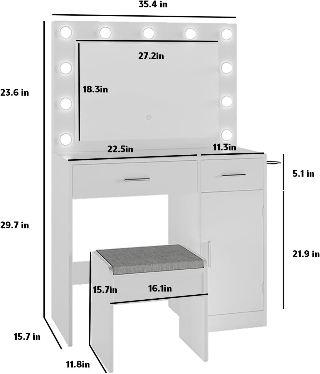 Viaozutis Vanity, Vanity Desk with Mirror, Large Drawer and Power Socket with 11 Light Bulbs and 3 Adjustable Lighting Modes, Vanity Table Ideal for Bedroom (White)