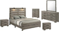 Modern 6-Piece Eastern King Bedroom Set with LED Reading Lamps and USB Nightstands – Panel Bed Frame, Dresser, Mirror, Chest, and 2 Nightstands in Antique Gray Laminate Finish