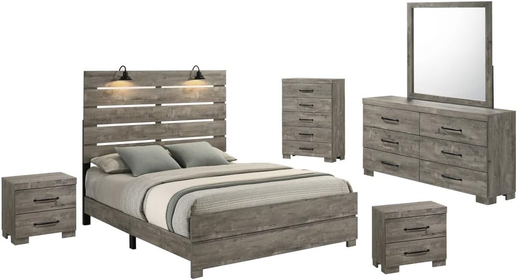 Modern 6-Piece Eastern King Bedroom Set with LED Reading Lamps and USB Nightstands – Panel Bed Frame, Dresser, Mirror, Chest, and 2 Nightstands in Antique Gray Laminate Finish