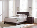 MAKLAINE 4-Piece Wood Eastern King Bedroom Set, Brown and Dark Cocoa Finish, Faux Leather Upholstered Bed, Mirror, Nightstand, Dresser, Mid-Century Modern Style Furniture for Bedroom Decor