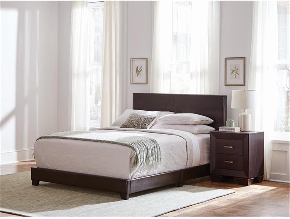 MAKLAINE 4-Piece Wood Eastern King Bedroom Set, Brown and Dark Cocoa Finish, Faux Leather Upholstered Bed, Mirror, Nightstand, Dresser, Mid-Century Modern Style Furniture for Bedroom Decor