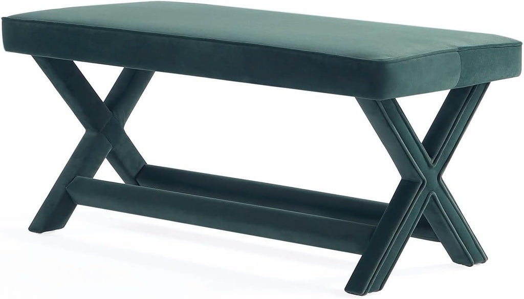 Manhattan Comfort Abigail Double Ottoman Bench Upholstered in Velvet Fabric, Luxurious Accent Vanity Stool with Stylish X-Crossed Legs, Solid Wood Frame, Plush Piped Cushion, Fully Assembled, Green
