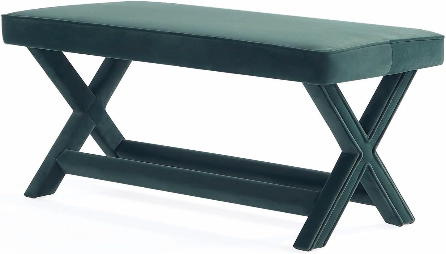 Manhattan Comfort Abigail Double Ottoman Bench Upholstered in Velvet Fabric, Luxurious Accent Vanity Stool with Stylish X-Crossed Legs, Solid Wood Frame, Plush Piped Cushion, Fully Assembled, Green