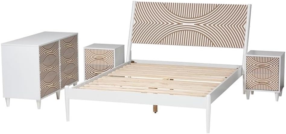 Baxton Studio Louetta White Caved Contrasting King Size 4-Piece Bedroom Set