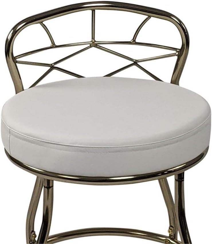 Pemberly Row Modern X-Back Vanity Bench, 27.5 in Tall, Gold Powder-Coated Metal Frame, White Leatherette Upholstered Seat, Casters for Easy Mobility, Elegant Bathroom or Dressing Room Seating
