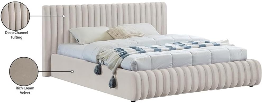 Pemberly Row King Bed, Cream Velvet Upholstery, Deep Channel Tufted Headboard and Footboard, Contemporary Transitional Design, Sturdy Construction, 89' W x 91' D x 38' H for Bedroom Decor