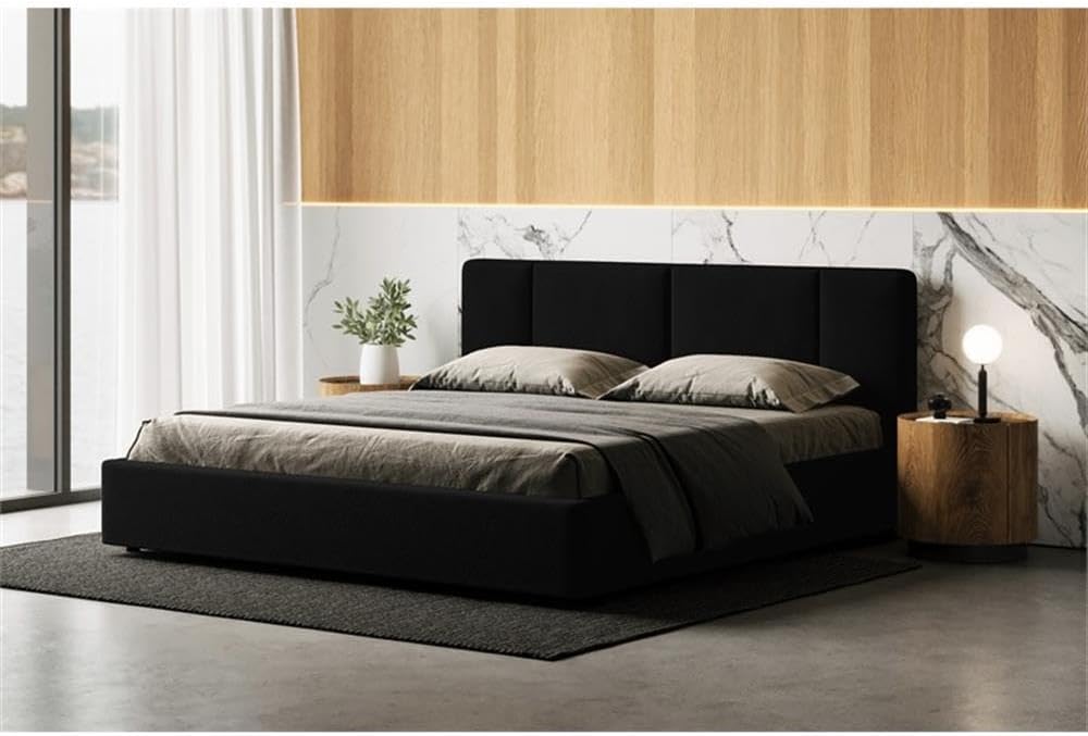 Venice Upholstered Platform Bed | Box Spring Not Required | (Black Boucle, King Bed Frame)