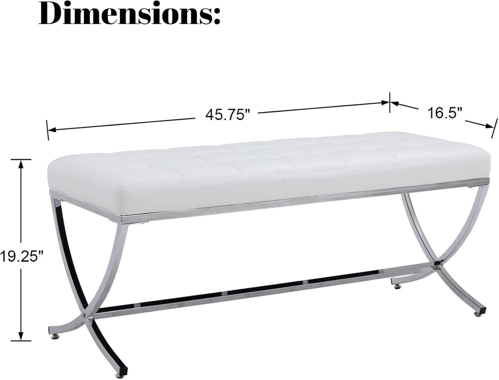 LukeAlon Modern PU Leather Dining Bench, Button Tufted Ottoman Bench with X-Shape Chrome Finish Upholstered End of Bed Bench Comfy Entryway Bench for Bedroom Kitchen, White