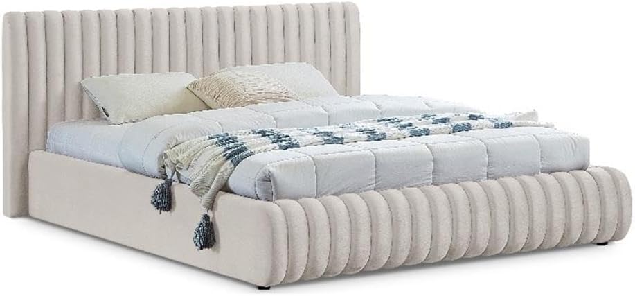 Pemberly Row King Bed, Cream Velvet Upholstery, Deep Channel Tufted Headboard and Footboard, Contemporary Transitional Design, Sturdy Construction, 89' W x 91' D x 38' H for Bedroom Decor