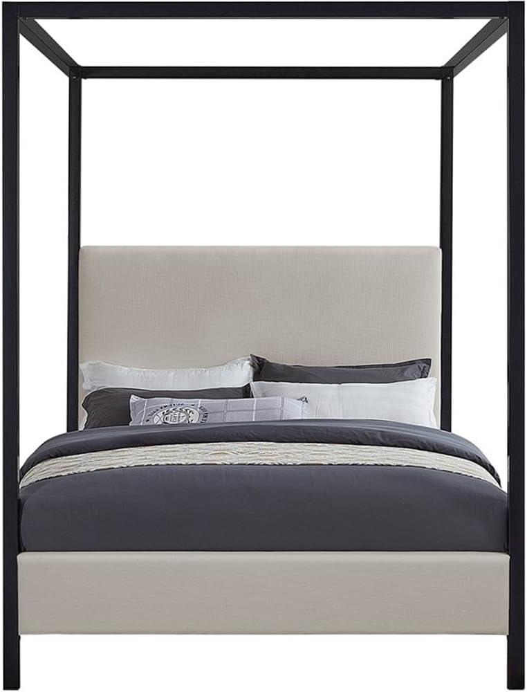 Meridian Furniture JamesGrey-Q James Collection Modern | Contemporary Queen Bed with Beige Linen Textured Fabric, Matte Black Steel Canopy, Full Slats, 65' W x 85' D x 86' H, Beige, Queen