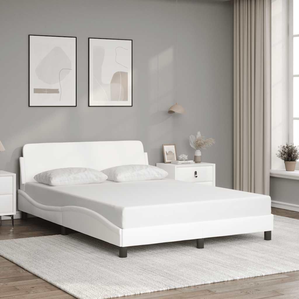 White Faux Leather Double Bed Frame with Slatted Base, Solid Pine Wood Structure for Durability and Support, Modern Sleek Design Fits Double Mattress, Easy Clean Fabric
