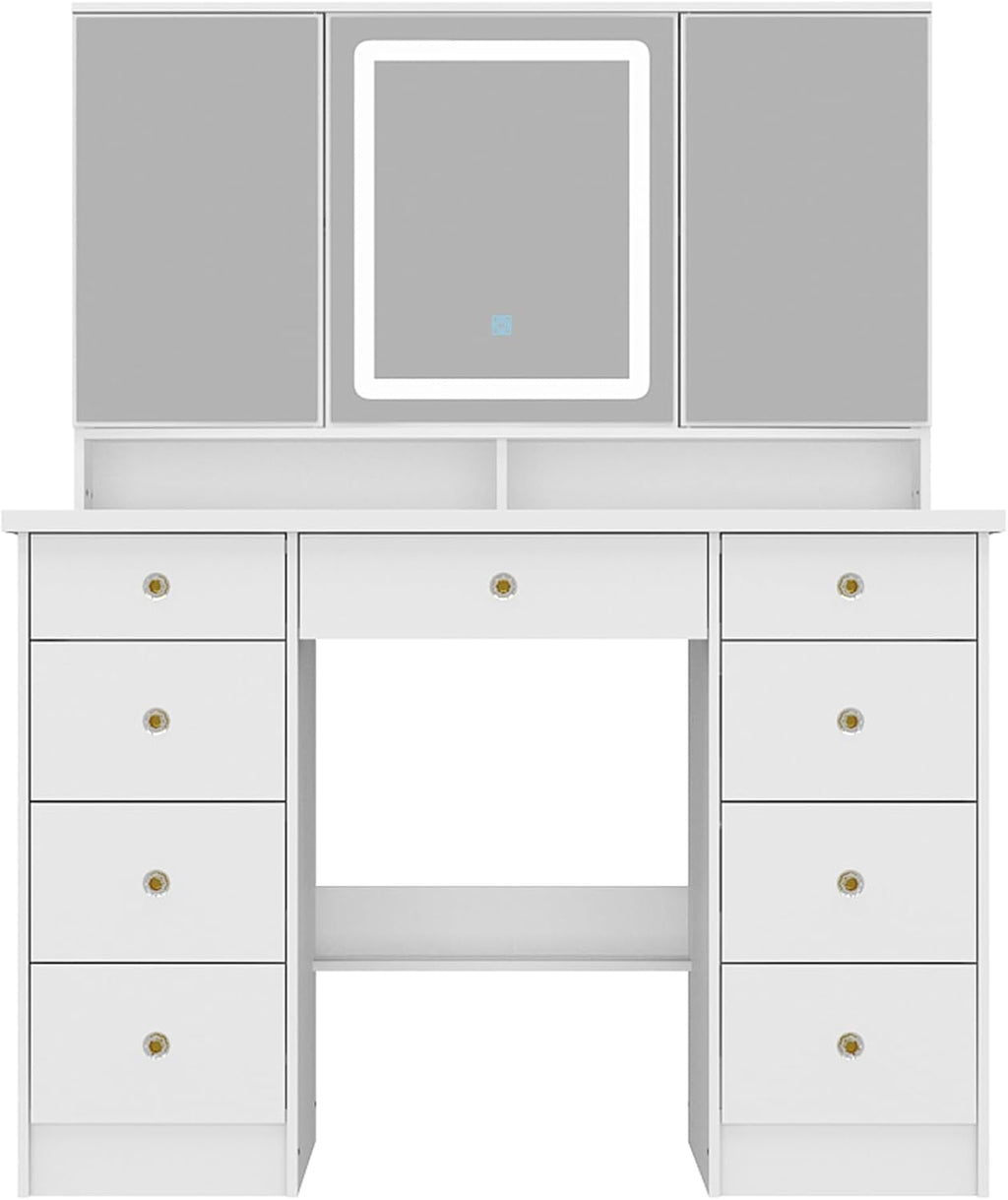Timechee Vanity Mirror with Lights, Corner Vanity Desk with 9 Storage Drawers, 4 Large Shelves, 3 Color Lighting Options, Vanity Mirror Desk, Makeup Vanity Set for Bedroom, White