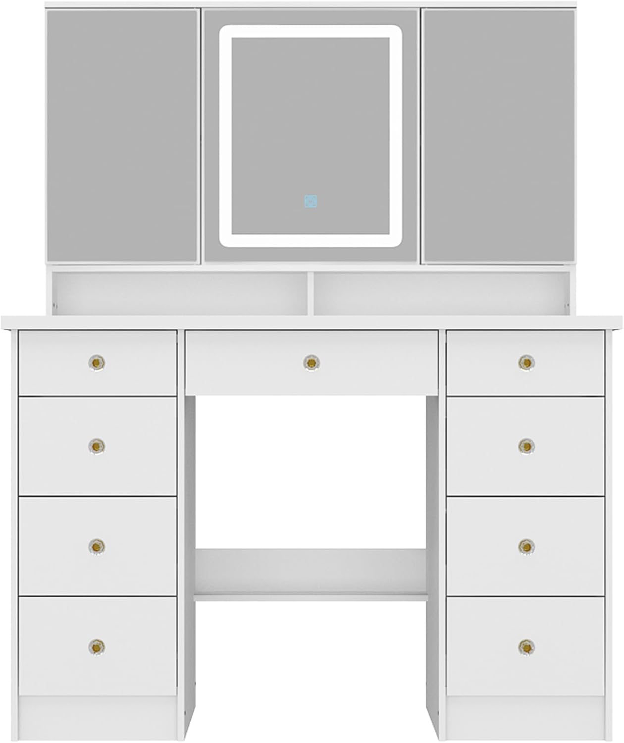 Timechee Vanity Mirror with Lights, Corner Vanity Desk with 9 Storage Drawers, 4 Large Shelves, 3 Color Lighting Options, Vanity Mirror Desk, Makeup Vanity Set for Bedroom, White