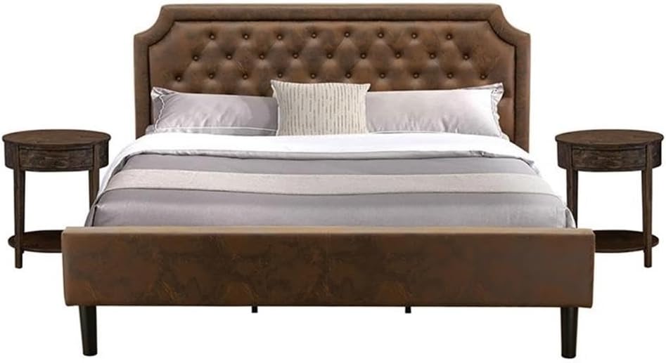 Pemberly Row 3-Piece King Bedroom Set, Engineered Wood and Faux Leather, Brown/Jacobean Finish, Includes Upholstered Bed Frame and 2 Nightstands, Solid Wood Slats, Timeless Design for Master Bedroom